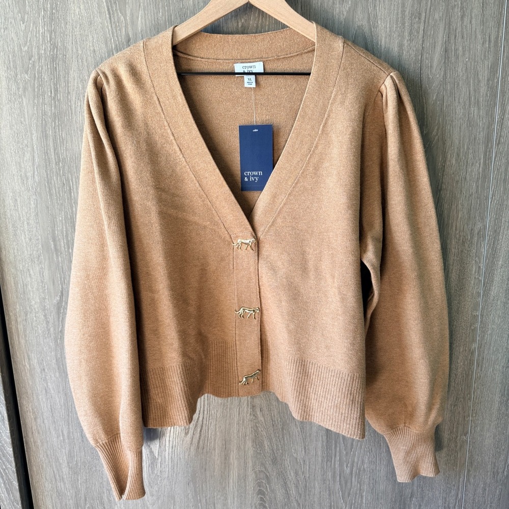 Crown & Ivy Cardigan Sweater Womens XL Tan Cheetah Button Puff Sleeve Cats NWT
